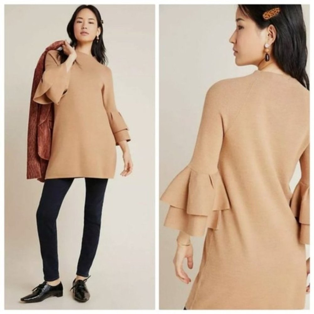 Anthropologie Ruffled Sleeve Sweater Knit Tunic Dress Honey/Camel Sz M $130 - Picture 2 of 11